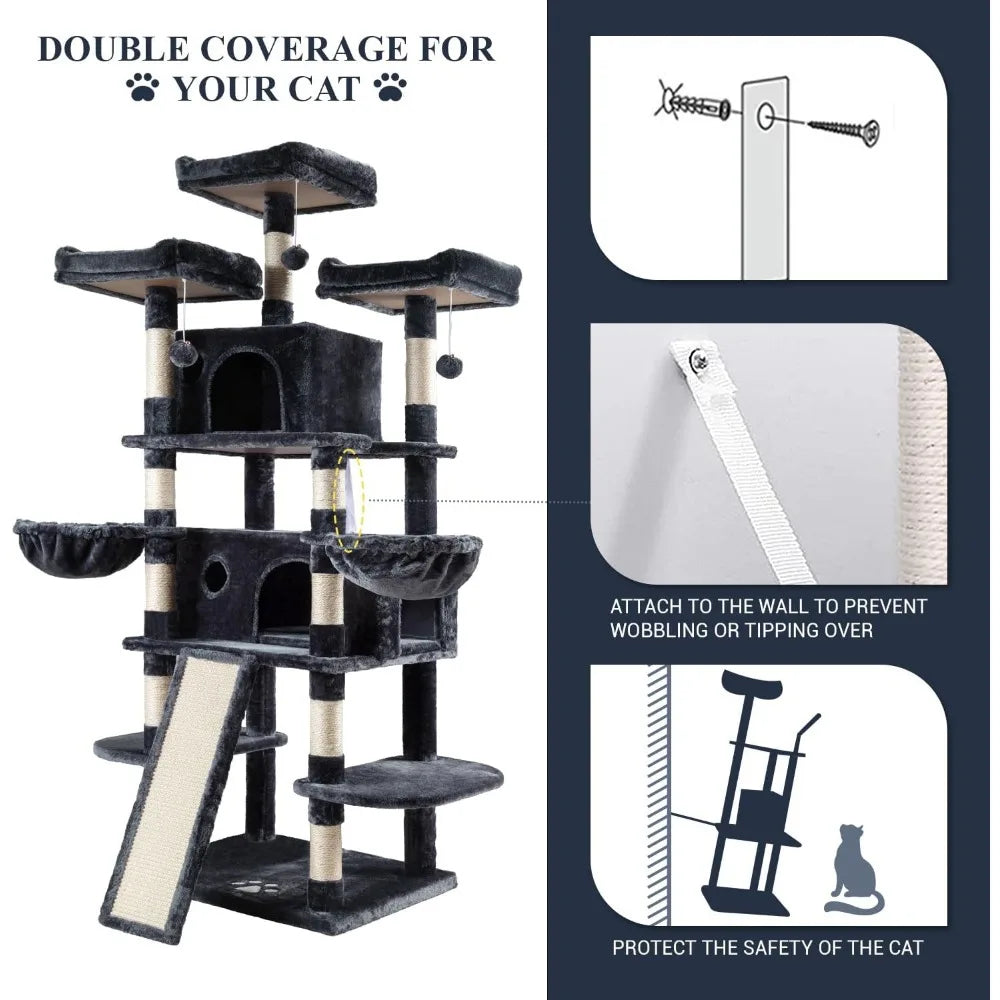 68 Inch Cat Treehouse with Cat Nest, Cat Scratch Post, and Multi Story Tower