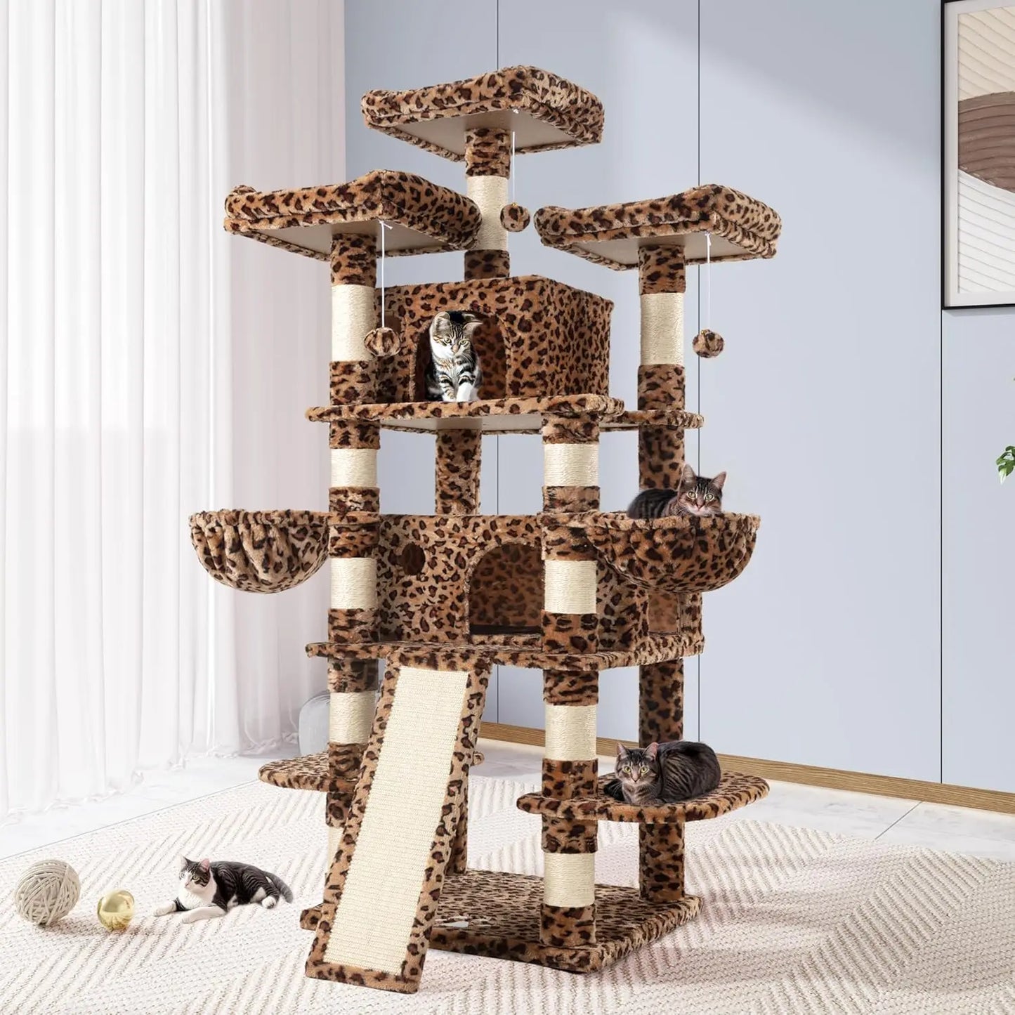 68 Inch Cat Treehouse with Cat Nest, Cat Scratch Post, and Multi Story Tower