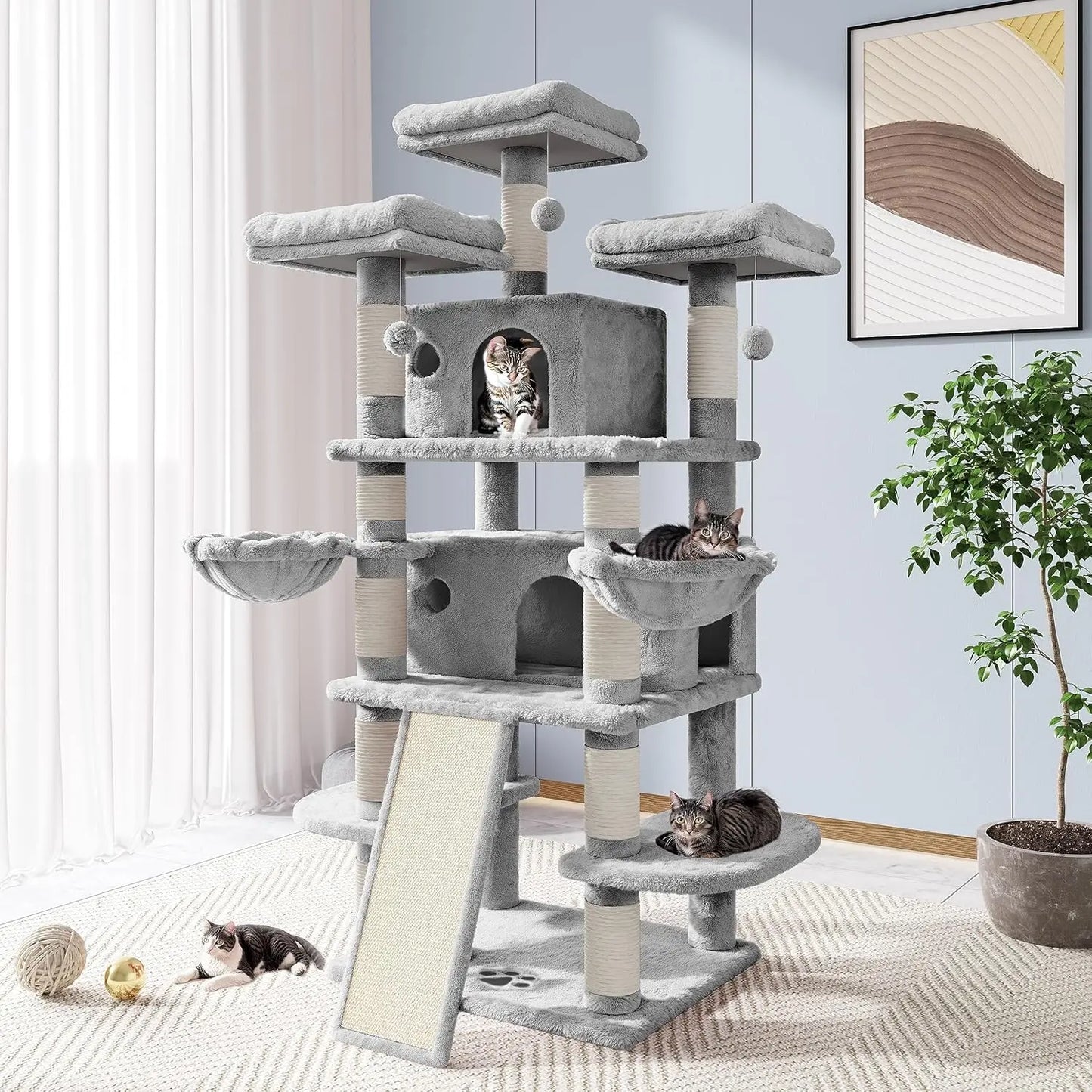 68 Inch Cat Treehouse with Cat Nest, Cat Scratch Post, and Multi Story Tower