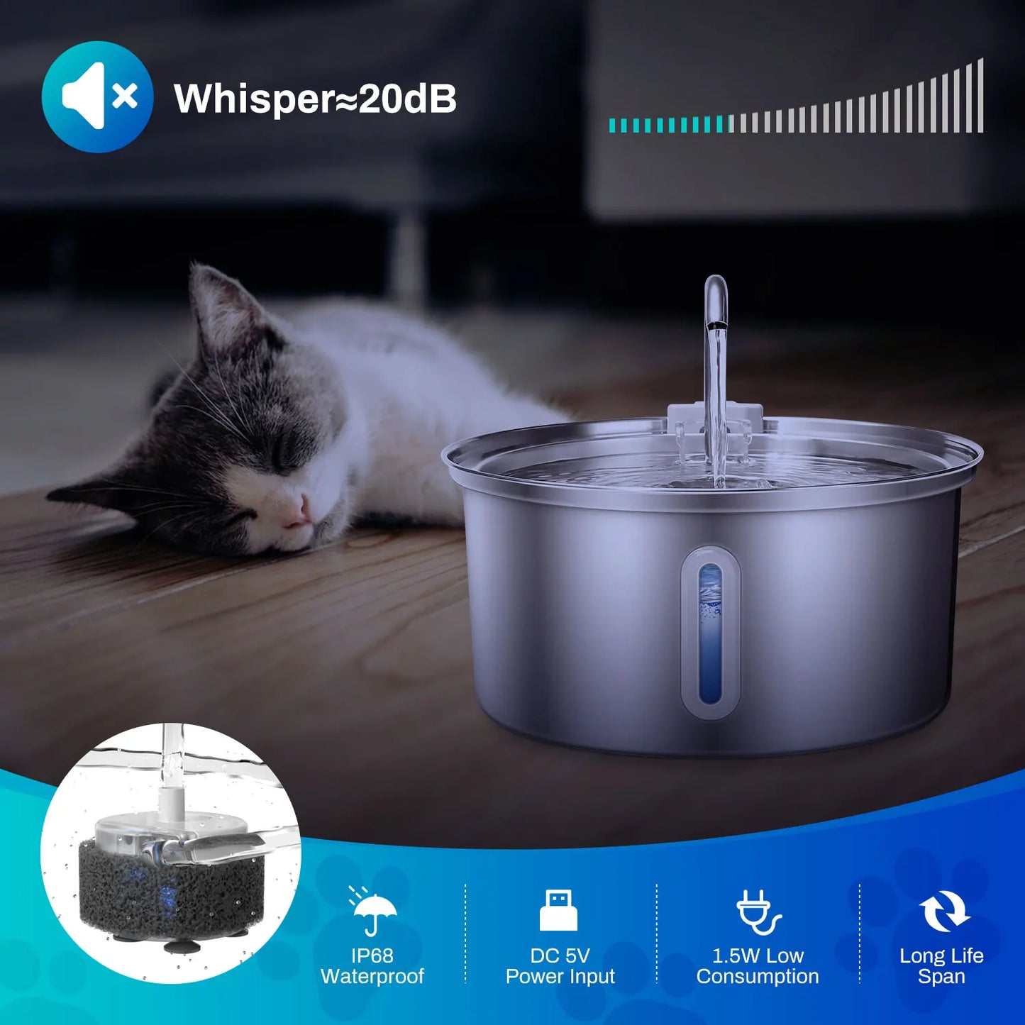 Cat Water Fountain Stainless Steel, 108oz/3.2L