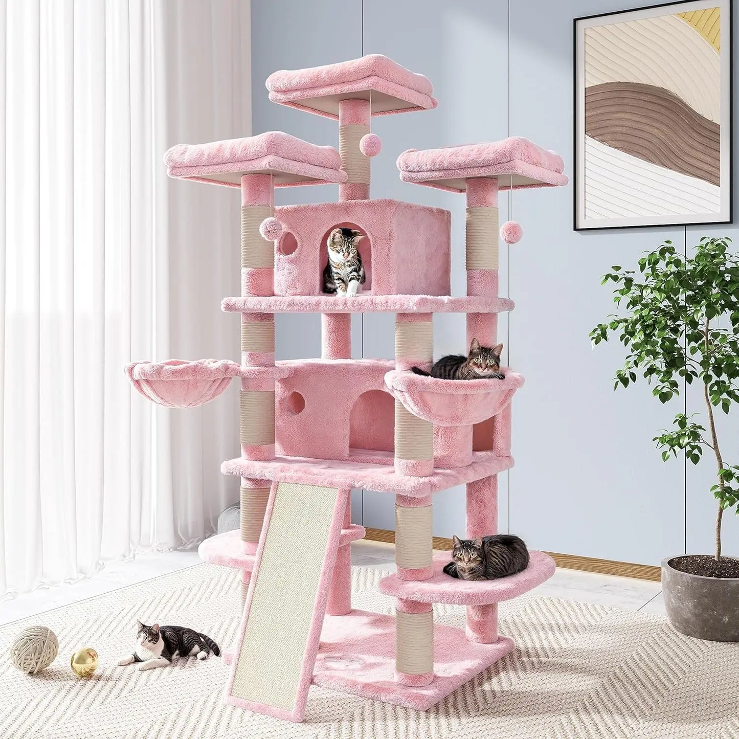 68 Inch Cat Treehouse with Cat Nest, Cat Scratch Post, and Multi Story Tower