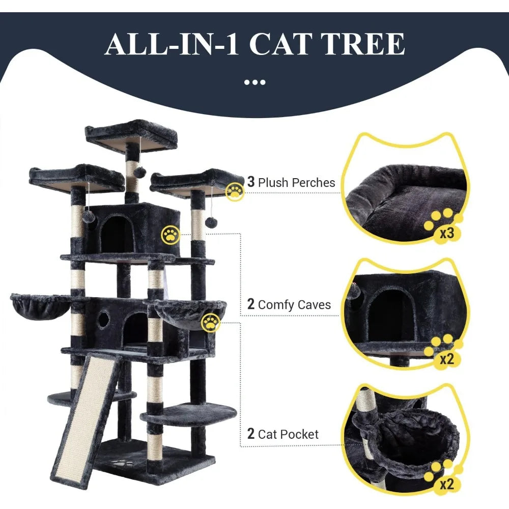 68 Inch Cat Treehouse with Cat Nest, Cat Scratch Post, and Multi Story Tower