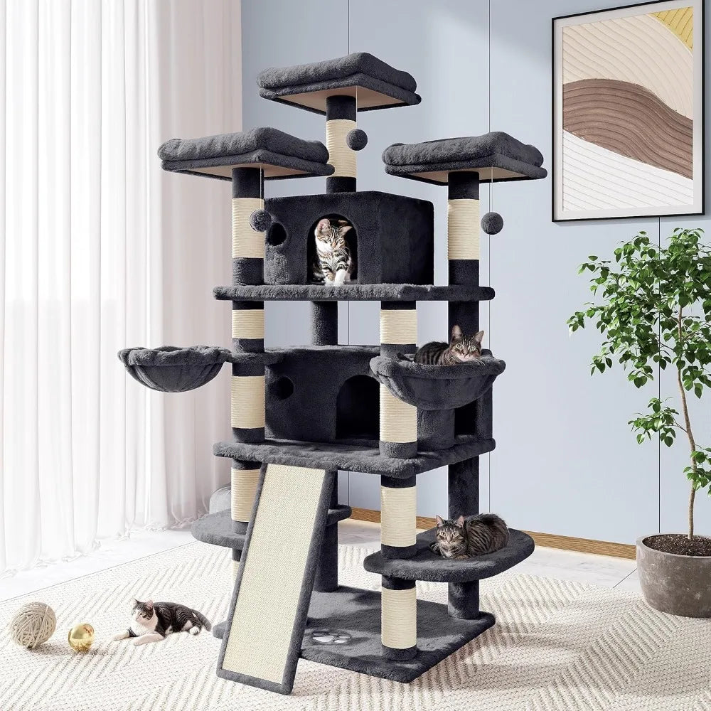 68 Inch Cat Treehouse with Cat Nest, Cat Scratch Post, and Multi Story Tower